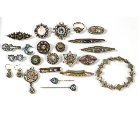 Twenty three items of micro mosaic jewellery, including a pendant, a bracelet, a pair of earrings, a ring, a stickpin and var