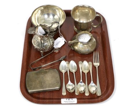 Georgian silver cream jug, silver cigarette case, christening mug, small jug, sugar box, six teaspoons, a fork and a pair of 