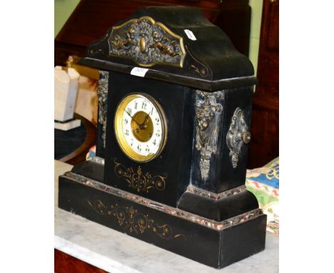 A large black slate and gilt metal mounted mantel clock