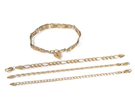 A 9 carat gold gate link bracelet and three other 9 carat gold bracelet, 17.8g gross (4)