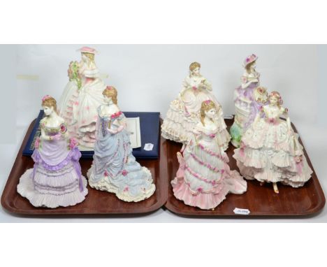 Royal Worcester china, three Splendour at Court figures, with certificates and book; another, Rose, with certificate; and thr