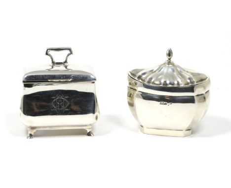 An Edwardian silver tea caddy, S W Smith & Co, London 1903, engraved with a monogram; together with another example, Walker &