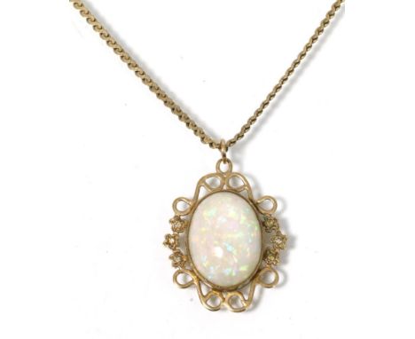 An opal pendant on chain, an oval opal in a scroll frame, to a 9 carat gold S-link necklace, length 42cm, 9.7g 