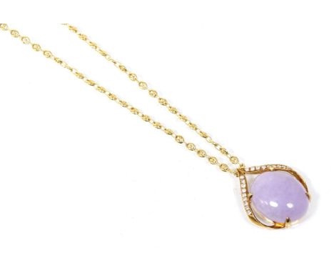 A lavender jade and diamond pendant, on chain, an oval cabochon lavender jade within a diamond set scroll frame, total estima