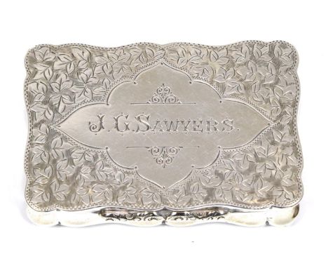 A George V silver snuff box, Joseph Gloster, Birmingham 1910, with foliate engraving, inscribed J.C.Sawyers to cover, 6.5cm w
