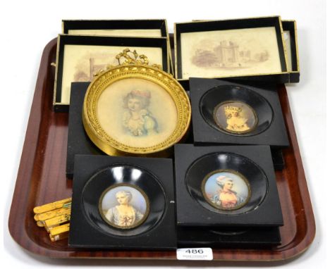 A quantity of reproduction portrait miniatures and four miniature topographical prints