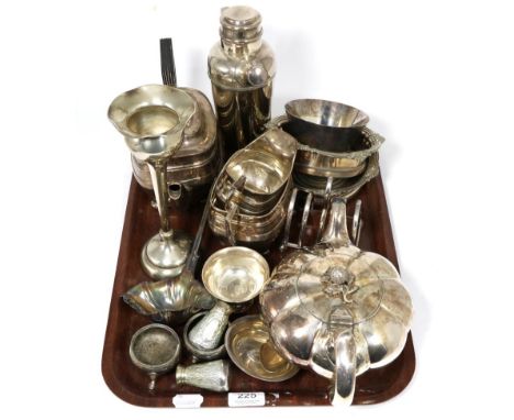 A group of silver plated items to include a cocktail shaker by Mappin & Webb; wine coasters; a three piece tea service etc; a