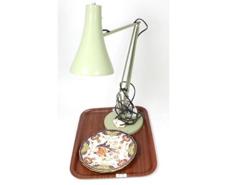 Two Crown Derby plates and an anglepoise lamp 