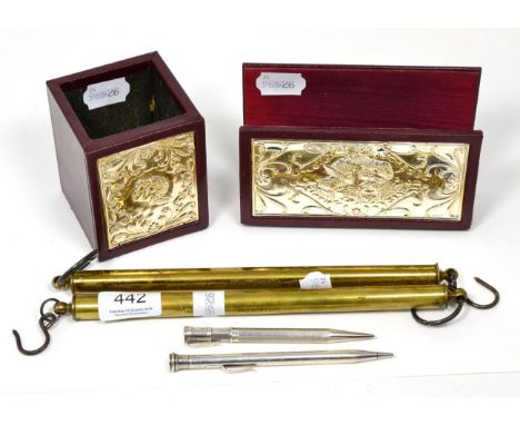 A Sampson Mordan & Co. silver propelling pencil together with a modern propelling pencil, two silver mounted desk top items a