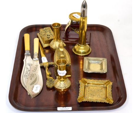 A Trench Art table lighter; with assorted metalwares and a set of postal scales (12)