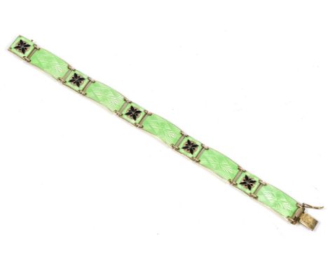 A Norwegian enamel bracelet, by Norne, of rectangular green guilloche enamel links spaced by green and black enamel links, le