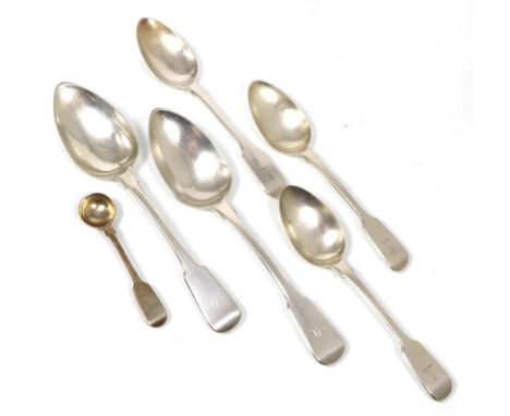 A group of fiddle pattern flatware, comprising: a pair of table spoons, Solomon Hougham, London 1813; three dessert spoons, L