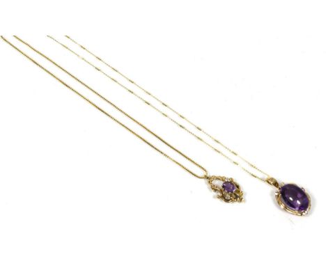 An amethyst and diamond necklace, an oval cabochon mixed cut amethyst within a diamond set frame, total estimated diamond wei