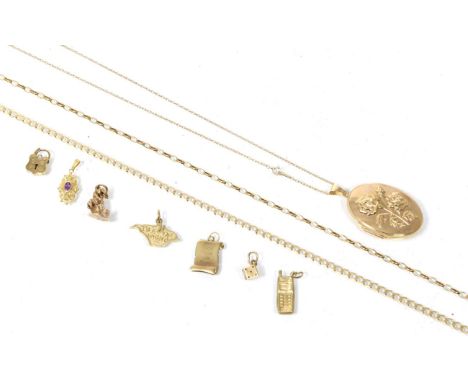 A locket pendant, with rose motif, on a 9 carat gold chain, two 9 carat gold chains (a.f.), an amethyst pendant, a padlock cl