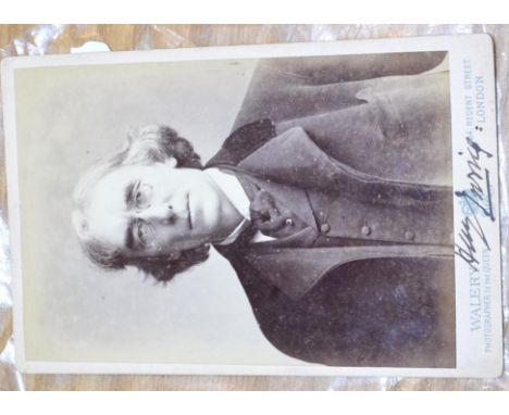 Irving, Henry, Portrait photograph signed 'Henry Irving' by Walery mounted on publisher's card. Explanatory MSS note on verso