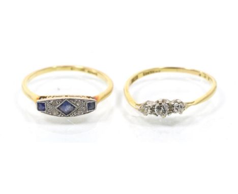 An Art Deco sapphire and diamond ring, of a plaque grain set with calibré cut sapphires and single-cut diamond accents, stamp