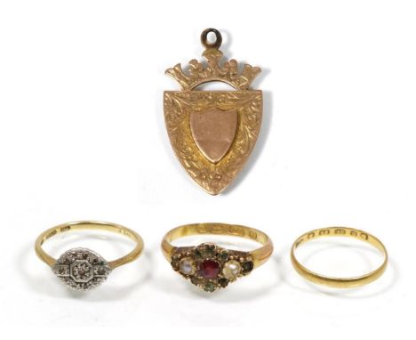 A single-cut diamond cluster ring, stamped '18CT', 2.5g; a Victorian 15 carat gold gem set ring, 1.9g (af); a 22 carat gold b