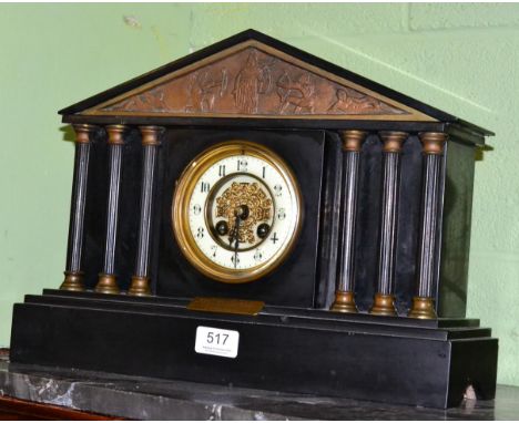 A Victorian black slate architectural mantel clock, with presentation plaque