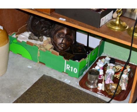 Assorted collectibles to include: an oil lamp; two tribal masks; miniature mugs; a bog oak cauldron; lacquer wares; a Japanes