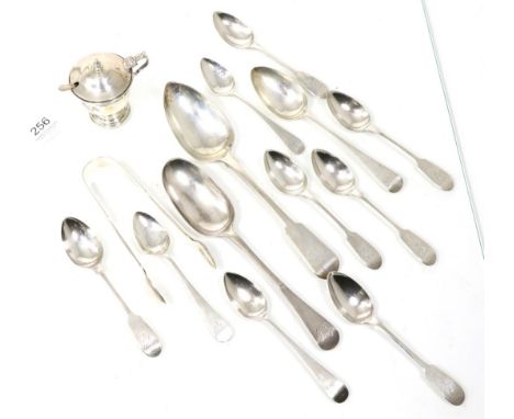 A George II silver table spoon, James Wilks, London 1745, together with a group of silver spoons including two part sets of N