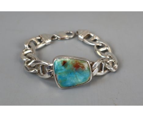 Australian opal set heavy hallmarked silver bracelet