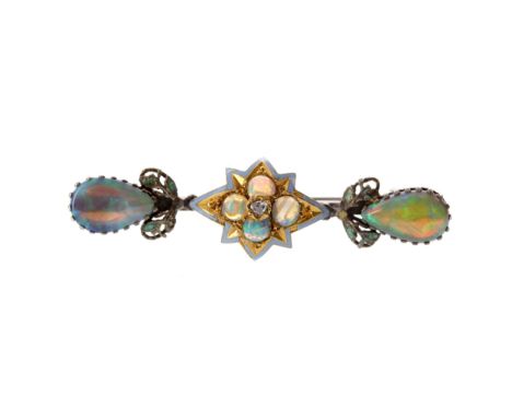 IMPRESSIVE DIAMOND, OPAL AND ENAMEL BROOCH, the central star section set with a rose cut diamond of approximately 0.05 carats