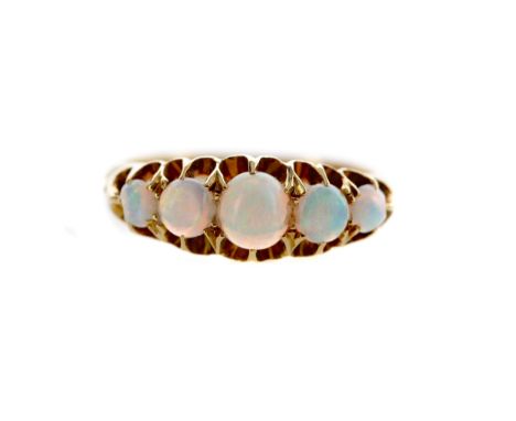 OPAL FIVE STONE RING, set with five cabochon opals, in eighteen carat gold, size O 1/2, 3.9g