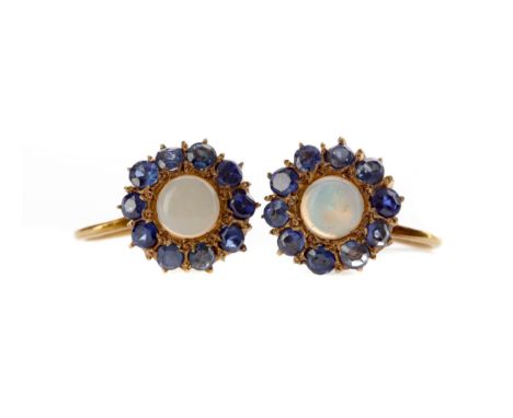 PAIR OF SAPPHIRE AND OPAL EARRINGS, set with cabochon opals surrounded by round sapphires, unmarked, with screwback fittings 