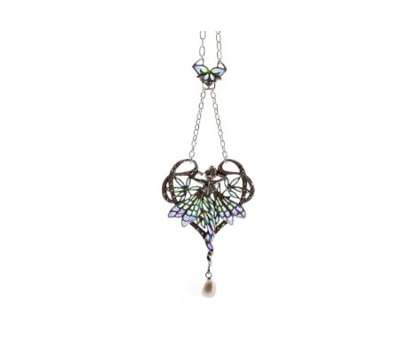 PLIQUE A JOUR SILVER NYMPH NECKLACE, with purple, green and blue enamel bordered by marcasites and a suspended pearl, marked 