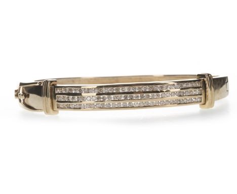 DIAMOND BANGLE, set with three rows of round brilliant cut diamonds totalling approximately 1.50 carats, unmarked, 17.3g