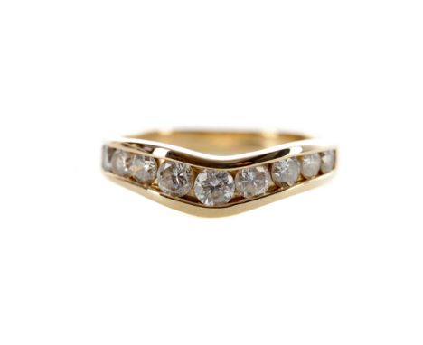 DIAMOND NINE STONE RING, set with graduated round brilliant cut diamonds totalling approximately 0.60 carats, marked 14K, siz