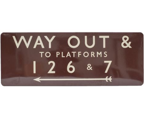 BR(W) FF enamel sign WAY OUT & TO PLATFORMS 1 2 6 & 7 with left facing arrow. Measures 48in x 18in and is in excellent condit