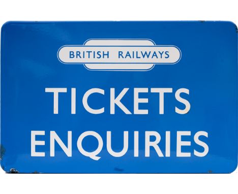 BR(Sc) enamel FF sign TICKET ENQUIRIES with British Railways totem at the top. In very good condition with minor edge chippin