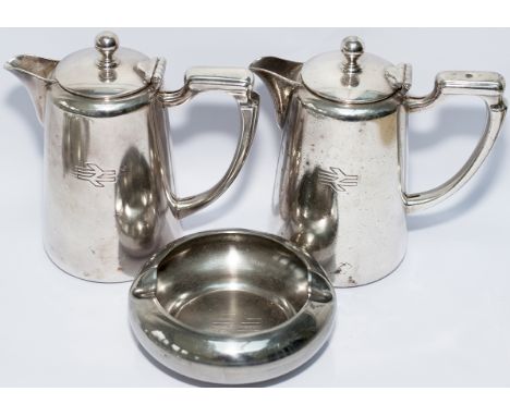 BR double arrow era silverplate coffee pots, a pair; both in good condition, side marked with the double arrow and 5in tall. 