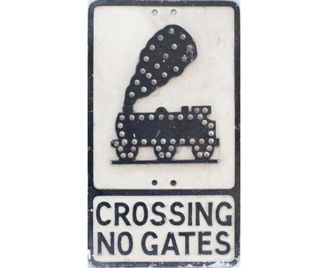 Cast aluminium road sign CROSSING NO GATES 0-6-0 engine, with makers name Franco Traffic Signs Ltd on the bottom edge. Comple