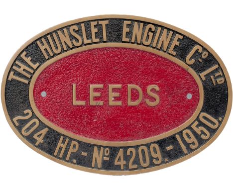 Diesel oval cast brass worksplate THE HUNSLET ENGINE CO LTD LEEDS 204 HP-No4209-1950, ex 0-6-0 DM Serial No LD4209, supplied 