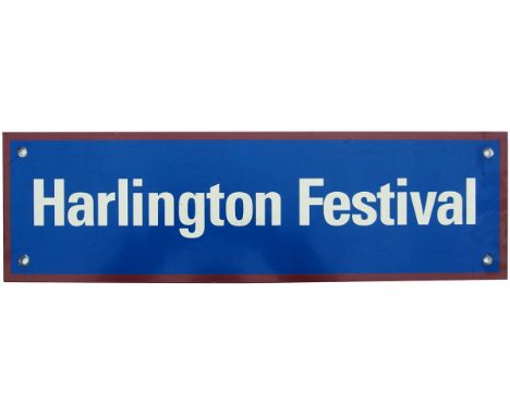 Electric nameplate HARLINGTON FESTIVAL, screen printed aluminium carried by EMU set 319030 coach 71801 28.08.94 - 02.98. It w