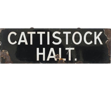 GWR lamp tablet CATTISTOCK HALT, white on black enamel with some enamel loss. Complete with original bracket, a rare survivor