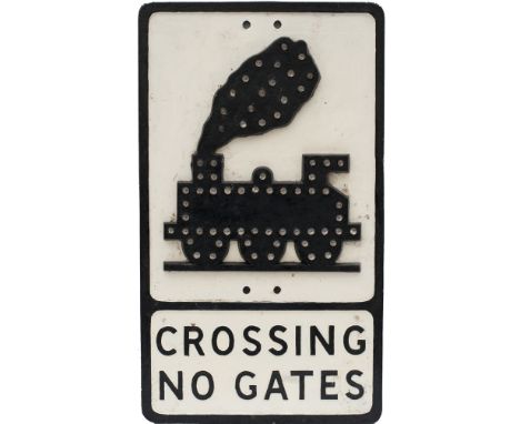 Road sign cast aluminium CROSSING NO GATES complete with 0-6-0 engine and with all reflectors intact. Measures 21in x 12in, f