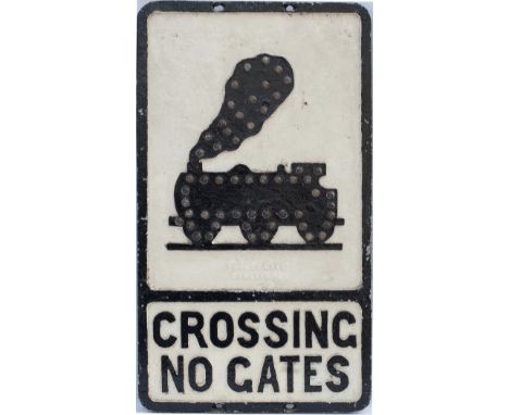 Cast aluminium road sign CROSSING NO GATES 0-6-0 engine, with makers name Forest City Stretford cast into the face. Complete 
