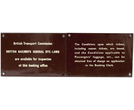 BR(W) enamel Ticket Office signs, a pair. One re General Bye Laws, the other re Conditions Upon Which Tickets Are Issued etc.