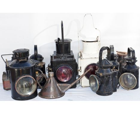 A selection of railway lamps x 8 to include BR SR 3 aspect, GWR 3 aspect, LPTB 3 aspect, BR 3 aspect, GWR signal lamp case wi