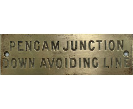 GWR brass shelf plate PENGAM JUNCTION DOWN AVOIDING LINE, hand engraved, measuring 4.75in x 1.5in. 