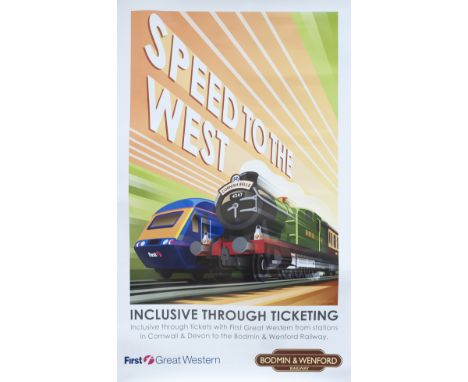 Poster SPEED TO THE WEST by STEPHEN MILLERSHIP. Issued by First Great Western and The Bodmin and Wenford Railway. Double Roya