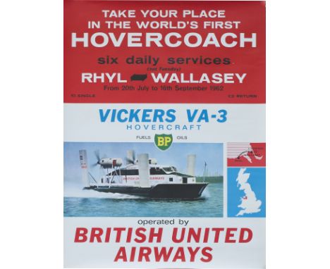 Poster BRITISH UNITED AIRWAYS, WORLDS FIRST HOVERCOACH SERVICE, Rhyl - Wallasey. July - September 1962. VICKERS VA-3 HOVERCRA