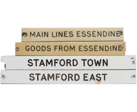 Signal box shelf plates x4: ivorine MAIN LINES ESSENDINE and GOODS FROM ESSENDINE, and traffolite STAMFORD EAST and STAMFORD 