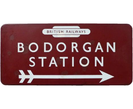 BR(M) FF enamel Station Direction sign. BODORGAN STATION 28in x 13in. British Railways in Totem at top with right hand facing