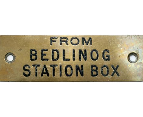 GWR brass shelf plate FROM BEDLINOG STATION BOX measuring 4.75in x 1.5in. Machine engraved with original black wax infill.