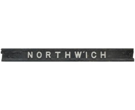 Cheshire Lines Committee Seat back name NORTHWICH, as removed from a bench, wood with cast iron letters. Measures 65in x 6.5i