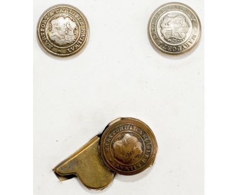 MARYPORT & CARLISLE RAILWAY buttons and button whistle. 2x nickel plated 22mm buttons and a button whistle with two 22mm butt